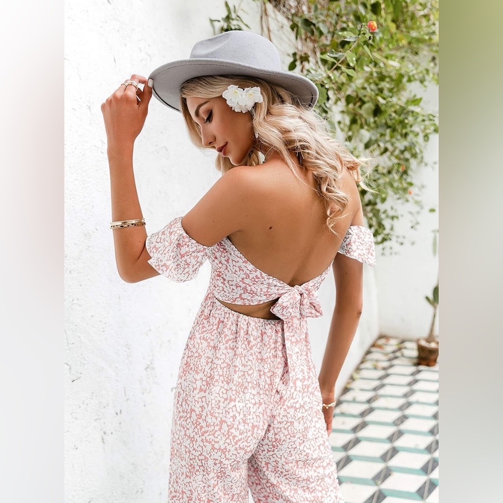 Off Shoulder Floral Print Romper Jumpsuit in Dusty Pink